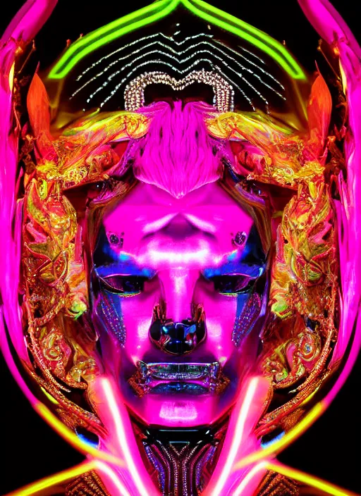 Prompt: photo of baroque and bladerunner geometric neon ruby sculpture of seductive orgasmic albino king of tigers diego villarreal pink iridescent humanoid deity wearing black fluffy hoody holding diamond skull in a black metallic dungeon, reclining, glowing rainbow face, crown of white diamonds, cinematic lighting, photorealistic, octane render 8 k depth of field 3 d
