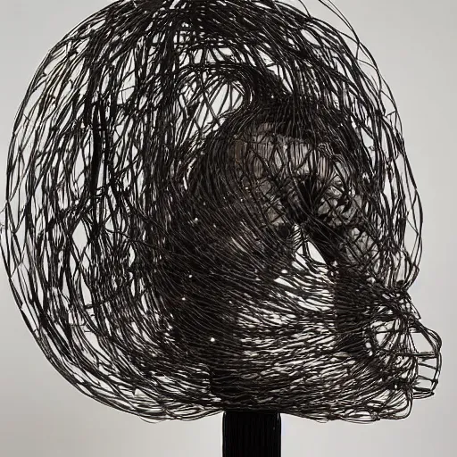 Prompt: a cryptic facial bust of a beautiful goddess entangled with various electrical wires and cables, contemporary sculpture, museum photograph, dynamic scene, volumetric lighting