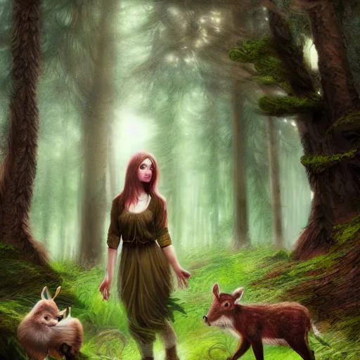 Image similar to a female woodland druid surrounded by forest animals, in the woods, hyper realistic, digital painting, photorealistic, in the style of greg rutkowski, detailed