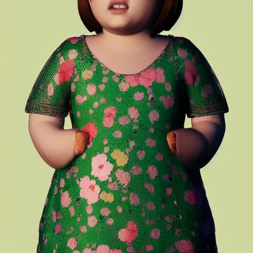 Image similar to the little fat girl is modelling to the camera. flowery dress. wire frame on mesh. 3 d zbrush model. beautiful hands and legs. subsurface scattering shiny skin. beautiful lighting, 4 k post - processing, trending in art station, cg society, highly detailed, 5 k extremely detailed, 3 d. cinematic scene. sharp image