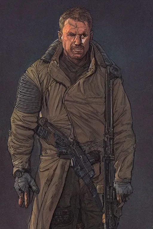 Prompt: vernon. Blade runner 2049 mercenary. concept art by James Gurney and Mœbius.