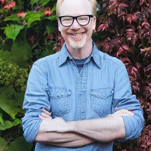 Image similar to professional photograph of Adam Savage smiling in a garden