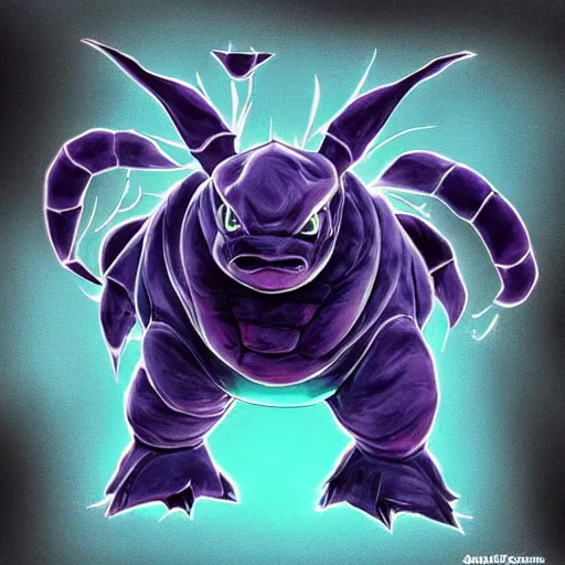 Prompt: a mixture between gengar and blastoise, ghost turtle pokemon hybrid, water and darkness