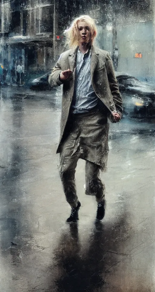 Prompt: painting of a beautiful pale androgynous blond man, dancing in the rain, by Jeremy Mann and Jason Jenicke, 70mm, cinematic, highly detailed, stylized, loose brush strokes, intricate, realistic, exaggerated lighting, dramatic lighting, sense of scale, sense of movement, sensual