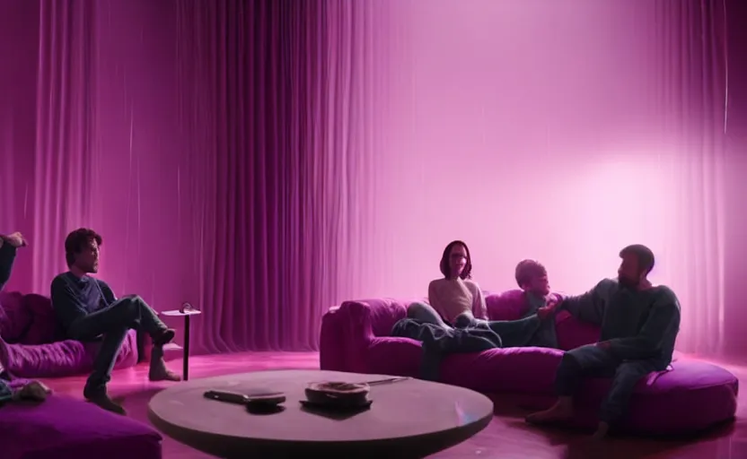 Image similar to cinestill of a giant hand made of purple wax float through the living room film still from the movie directed by denis villeneuve with art direction, pouring rain menacing lights shadows, 8 k, hd, high resolution, 3 5 mm, f / 3 2, ultra realistic faces, ex machina