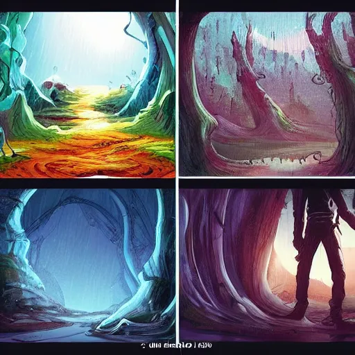 Prompt: comic book art in the style of bob ross and tim burton, trending on artstation, rain, beautiful, matte painting, galaxy, traveling through time, epic adventure, cinematic composition, realistic portal, door to another dimension