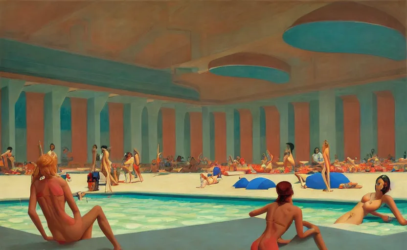 Prompt: Inside a big pool and ladies in bikini, very coherent, painted by Edward Hopper, Wayne Barlowe, painted by James Gilleard, airbrush, art by JamesJean