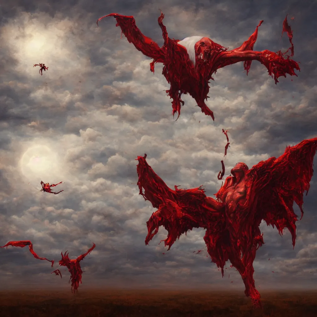 Prompt: realistic painting of a huge bloody satanic figure flying in the sky by michael whelan, ultra realistic, 8 k, streched and creepy painting. trending on, octane renderer, mesmerizing, aesthetic, beautiful