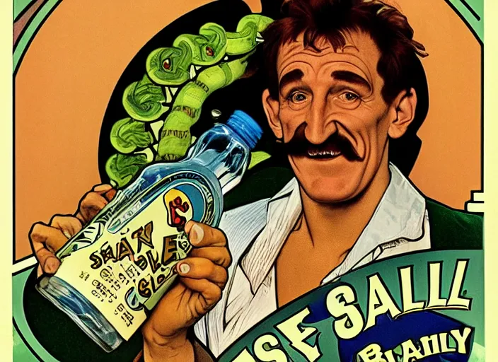 Image similar to barry chuckle drinking a bottle of snake oil, snake oil advertisement from 1 9 8 8, artwork by alphonse mucha and richard corben, 3 d, high resolution 8 k