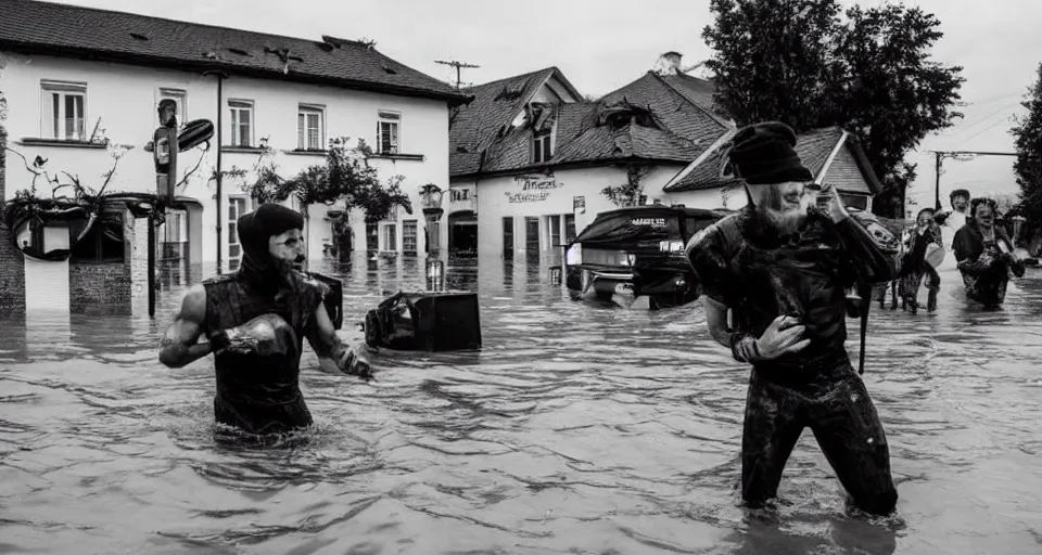 Prompt: a black and white Gigachad saving a small german town that is being flooded, movie screenshot, dramatic scene