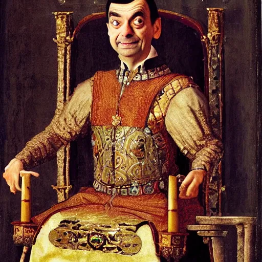 Prompt: A still of Mr. bean depicted as a medieval king on a throne, renaissance oil painting