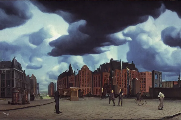 Prompt: dystopian nijmegen, omnious hdr clouds, dramatic lighting, magic realism by carel willink, edward hopper, film still