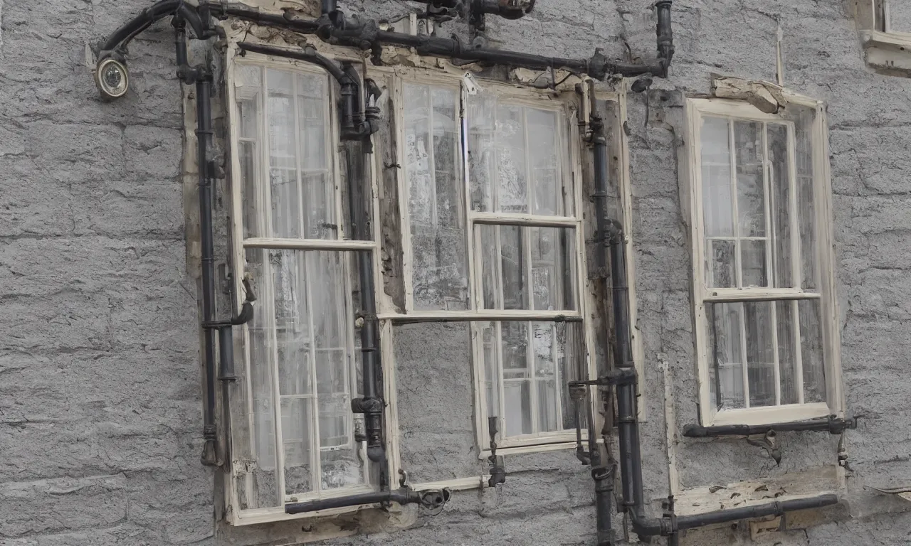 Prompt: intrinsic blueprint of an english sash window, with steampunk elements, descriptions