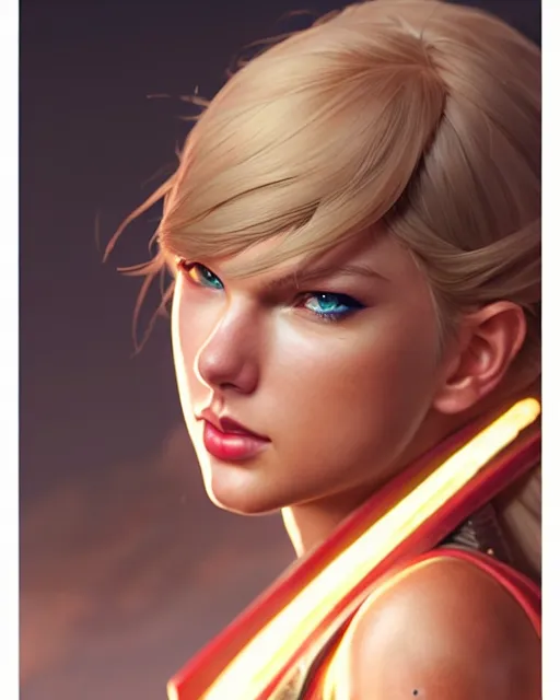 Image similar to azctec warrior, taylor swift, detailed perfect face, exquisite details, fire magic, mid view, design on a white background, by studio muti, greg rutkowski makoto shinkai takashi takeuchi studio ghibli