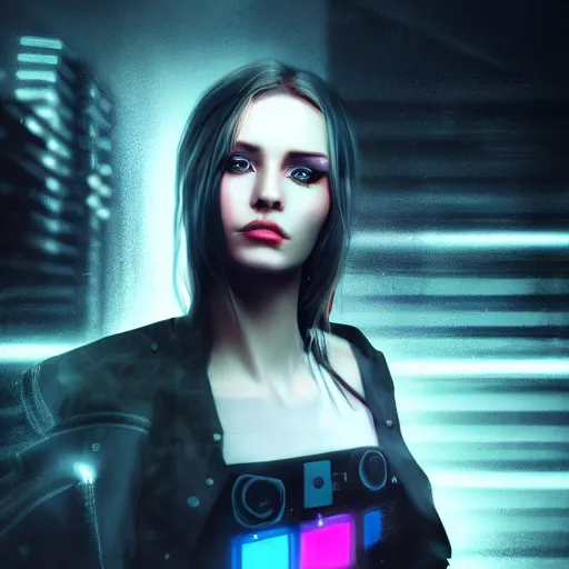 Prompt: realistic, portrait of a woman, beautiful, cyberpunk, high resolution, digital art, neon, video game