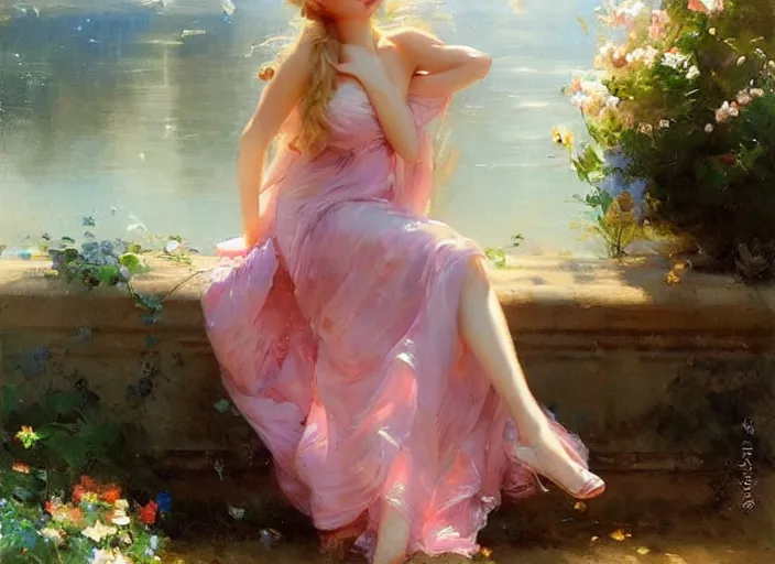 Image similar to blonde goddess in a summer dress by wlop and vladimir volegov and alexander averin and delphin enjolras and daniel f. gerhartz