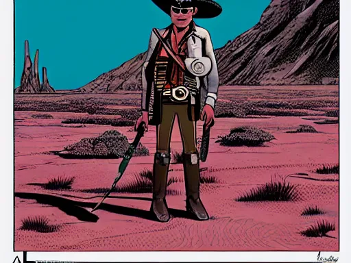 Image similar to a detailed illustration photorealistic of the Lone Ranger in the wild west town. flat colors, limited palette in FANTASTIC PLANET La planète sauvage animation by René Laloux