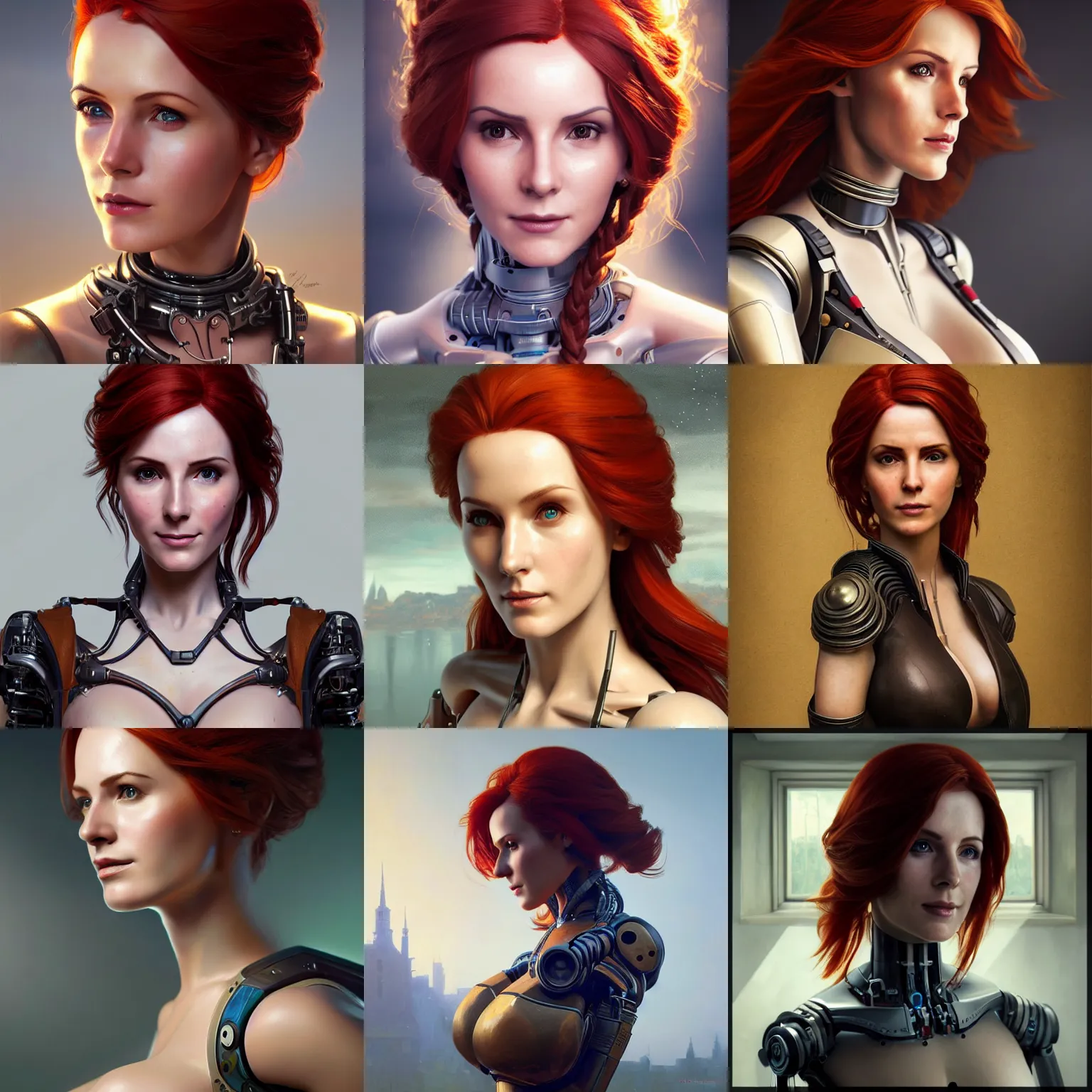 Prompt: oil paining of robotic humanoid ( triss from witcher 3 ), intricate mechanisms, highly detailed, professional digital painting, unreal engine 5, photorealism, hd quality, 8 k resolution, cinema 4 d, 3 d, cinematic, professional photography, art by artgerm and greg rutkowski and alphonse mucha and loish and wlop