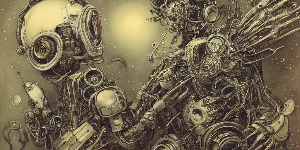 Image similar to a beautiful painting of robot by aaron horkey, trending on artstation, blurred environment background
