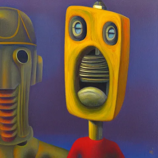 Prompt: curious robot portrait, visage, dystopian, pj crook, edward hopper, oil on canvas
