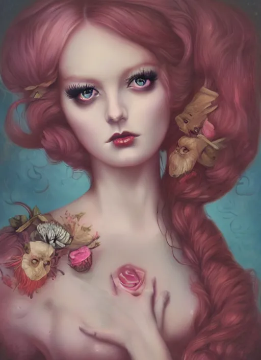 Image similar to pop surrealism, lowbrow art, realistic beautiful seductive girl painting, flowing gown, hyper realism, muted colours, rococo, natalie shau, loreta lux, tom bagshaw, mark ryden, trevor brown style,