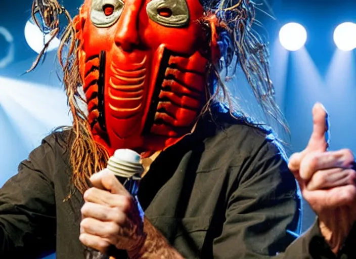 Image similar to publicity photo still of larry david wearing a slipknot mask touring with slipknot live on stage, 8 k, live concert lighting, mid shot