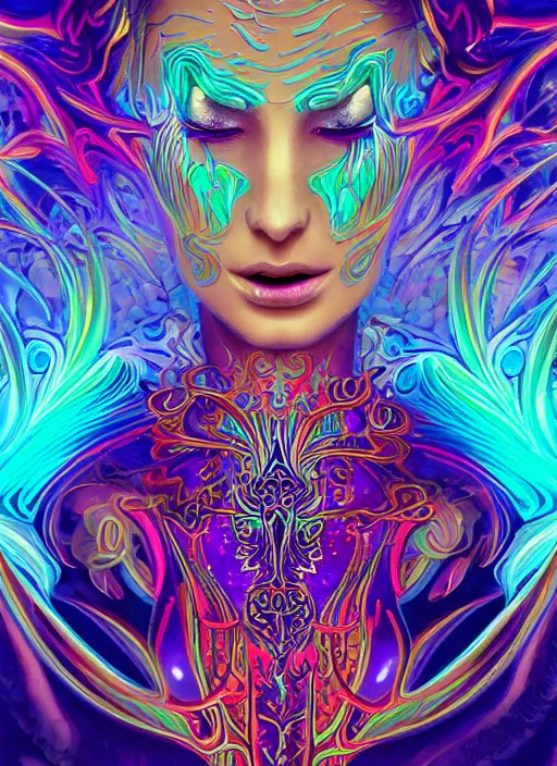 Image similar to psychedelic [ [ [ chemiluminescence ] ] ] elegant woman chakra spirit with smoke and fluid dynamics, colorful, psychedelic, ornate, intricate, digital painting, concept art, smooth, sharp focus, illustration, blacklight reacting, art by artgerm and greg rutkowski