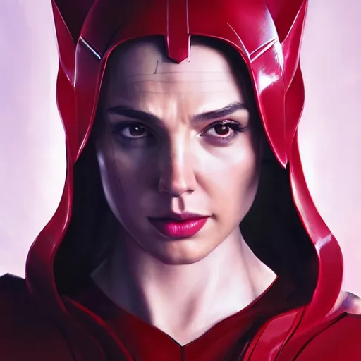 Image similar to a potrait of Gal Gadot as Scarlet witch by Greg Rutkowski, Sung Choi, Mitchell Mohrhauser, Maciej Kuciara, Johnson Ting, Maxim Verehin, Peter Konig, 8k photorealistic, cinematic lighting, HD, high details, dramatic, trending on artstation, full body shot