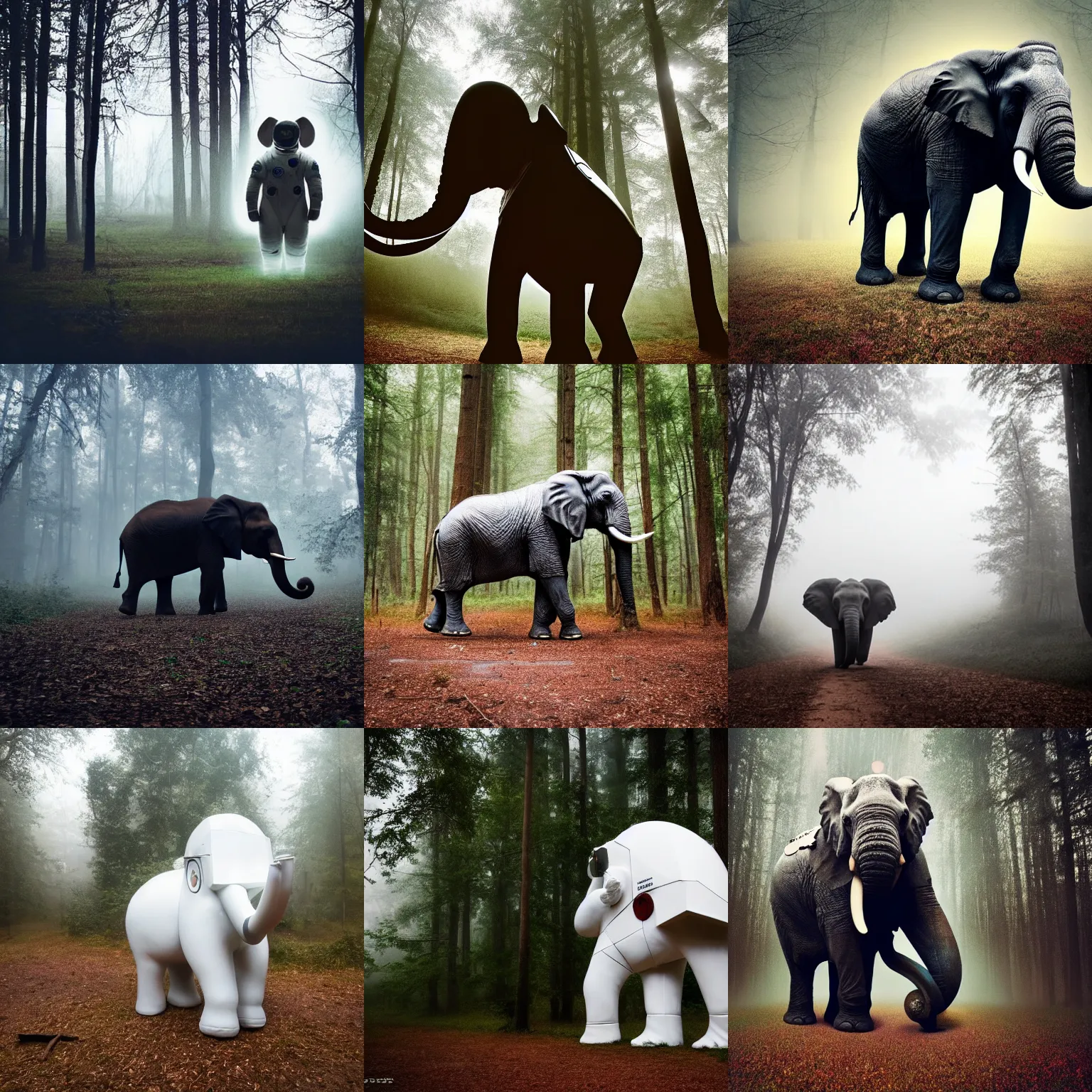 Prompt: giant elephant wearing white american spacesuit with oversized giant helmet as astronaut animal, in the woods, foggy mood, overcast bokeh, cctv - c 8