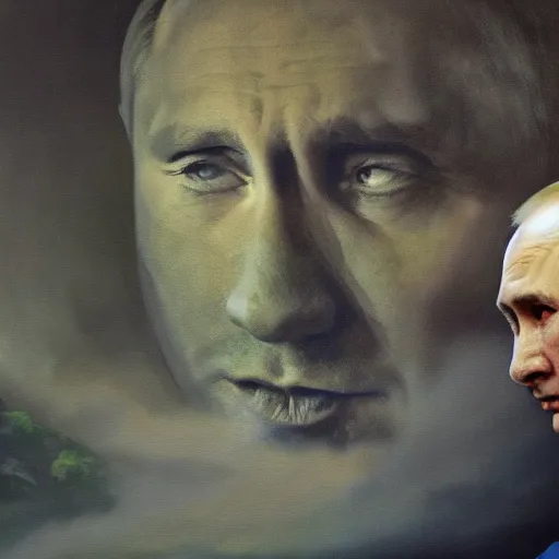 Image similar to Putin is sad in his cave, oil painting, by Ron Haviv, oil on canvas, highly detailed, matte painting, CGsociety, concept art, smooth, in focus, intricate, 8k