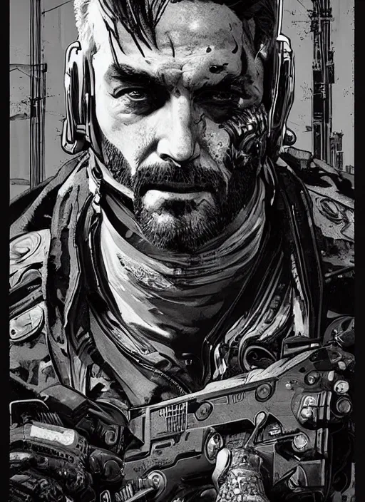 Image similar to cyberpunk blackops commander. ruggedly handsome. night vision. portrait by ashley wood and alphonse mucha and laurie greasley and josan gonzalez and james gurney. spliner cell, apex legends, rb 6 s, hl 2, d & d, cyberpunk 2 0 7 7. realistic face. dystopian setting.