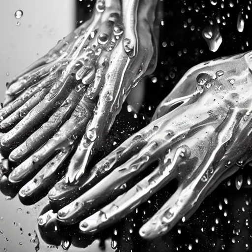 Image similar to wet sweating hands, macro, wide angle, elaborate, dripping wet hands, highly detailed, beautiful lighting