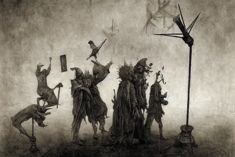 Image similar to plague doctors with rube goldberg machines in the fog by joel peter witkin, heironymus bosch, gustave dore, beksinski