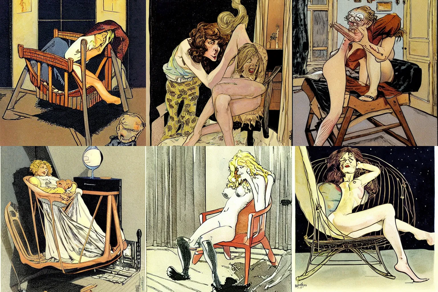 Prompt: nightmare by a rocking cradle. painting by milo manara and hugo pratt