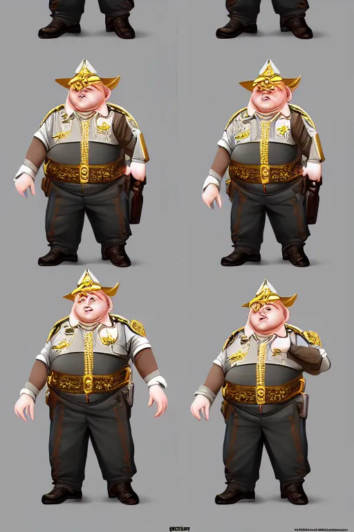 Image similar to fat high elf mall cop with a sheriff's badge, they are shifty and incompetent, Oil Painting, hyperrealistic, Detailed Digital Art, RPG portrait, 3/4 bust, dynamic lighting, Highly Detailed, Cinematic Lighting, 8k, HD