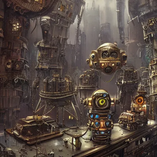 Image similar to robot city, steampunk art, fantasy style, super high detail, super high quality, talented artist, trending on artstation, machinarium