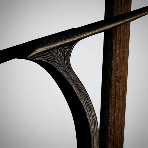 Image similar to 3 d render of a strung medieval longbow made of polished black wood and cloaked in shadow, high detail, 4 k, uhd