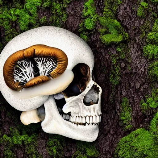 Image similar to a fractured skull with mushrooms growing through the cracks, mossy, in the forest