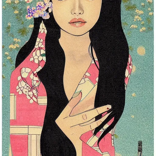 Image similar to “ selena gomez portrait by ikenaga yasunari and ayana otake and ko rakusui, 6 0 s poster, drawing, realistic, sharp focus, japanese, dreamy, nostalgia, faded, golden hues, floral clothes ”