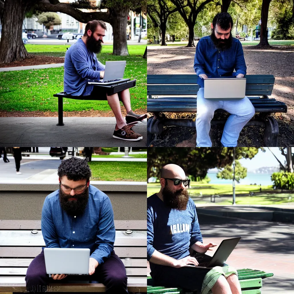 Prompt: a bearded man with a laptop on a San Francisco park bench attempting to summon aliens