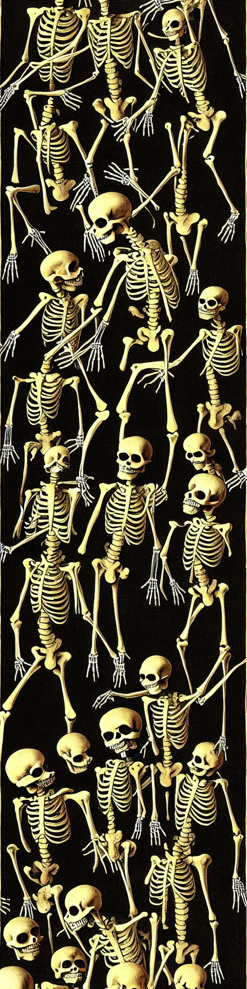 Prompt: skeletons dancing, hieronymus bosch, victor moscoso