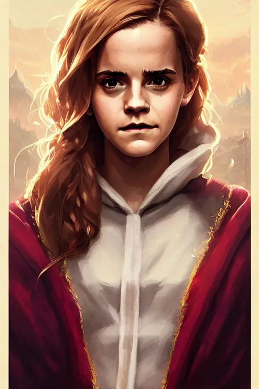 Image similar to Poster artwork, Emma Watson as Hermione Granger, wearing hogwarts!!! robes!!!, magnificent, close up, details, sharp focus, elegant, highly detailed, illustration, by Jordan Grimmer and greg rutkowski and PiNe(パイネ) and 薯子Imoko and 香川悠作 and wlop!!!! and maya takamura, intricate, beautiful, sunset!!!, Trending artstation, pixiv, digital Art