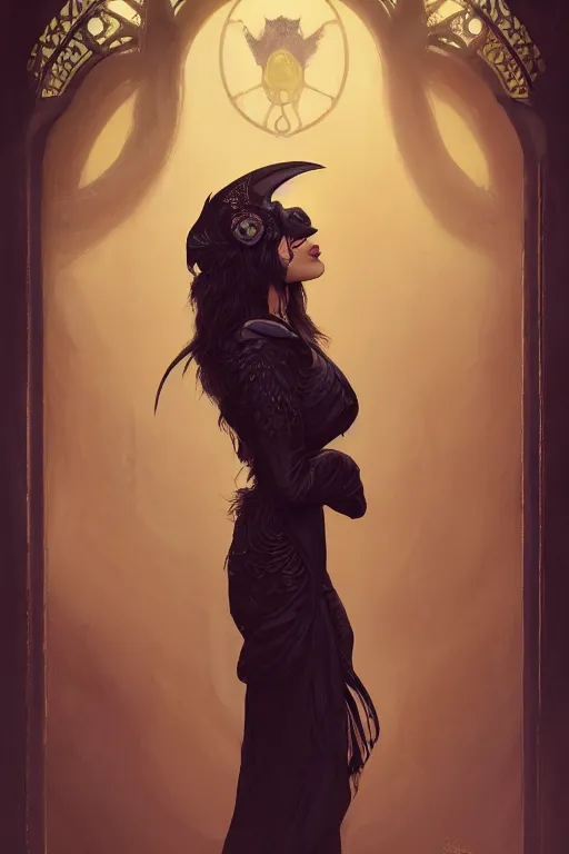 Image similar to a portrait of the Raven Queen, bored, illustration, dramatic lighting, soft details, painting oil on canvas, art nouveau, octane render, HDR, 4k, 8k, HD, by Edmund Blair Leighton, Brom, Charlie Bowater, trending on artstation, Tom Bagshaw faces by otto Schmidt