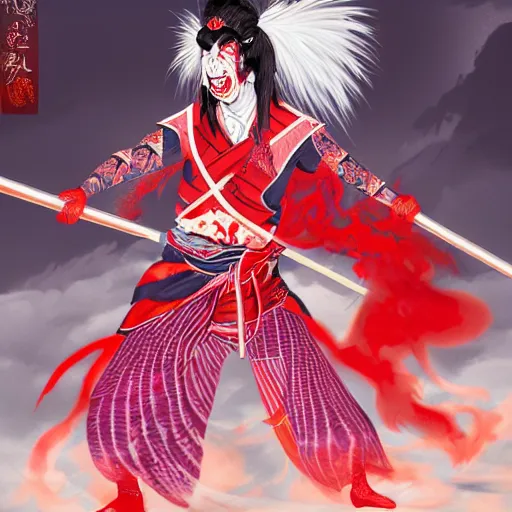 Prompt: an insane kabuki warrior wielding a spear while emitting a visible aura of madness, intricate hakama, red wig, crossed eyes, hazy atmosphere, high energy, trending on artstation, detailed concept art,