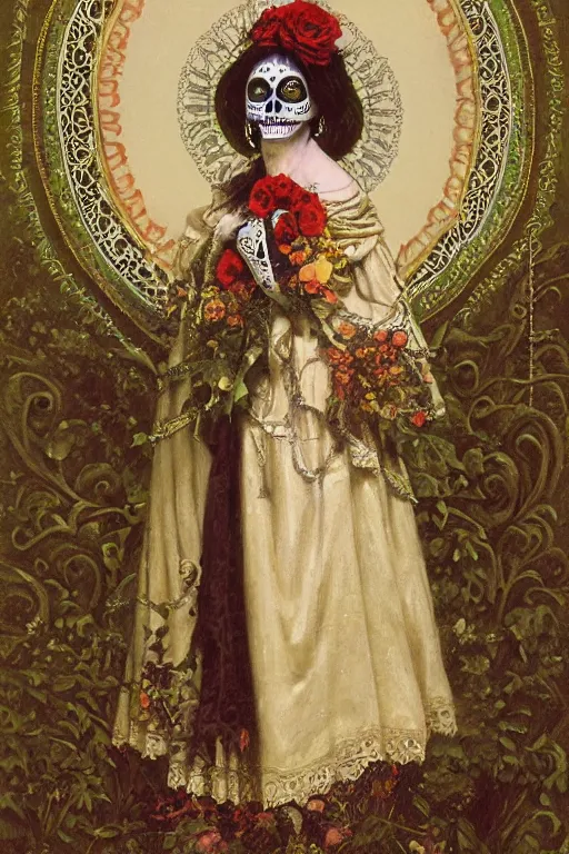 Image similar to illustration of a sugar skull day of the dead girl, art by edmund blair leighton