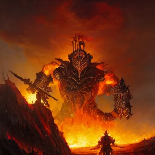 Image similar to masterpiece a lone knight knight knight in a wartorn field facing off against a fire giant fire giant fire giant, by Greg Rutkowski Thomas Kincade, detailed, 4k, cinematic, intense, gritty, fantasy, perspective
