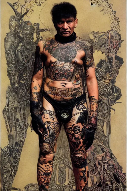 Image similar to full length portrait of temuera morrison as a tattooed gothic punk by lawrence alma tadema and zdzislaw beksinski and norman rockwell and jack kirby and tom lovell and greg staples