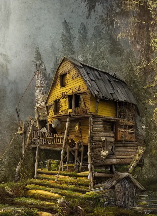 Prompt: highly detailed matte painting of the baba yaga witch's shack which is constructed on top of two giant wooden posts up high on either side, that are painted yellow connected at the bottom to two large architectural wooden chicken feet painted yellow on both sides under the shack, mountain woodlands,, 8 k resolution, by android jones