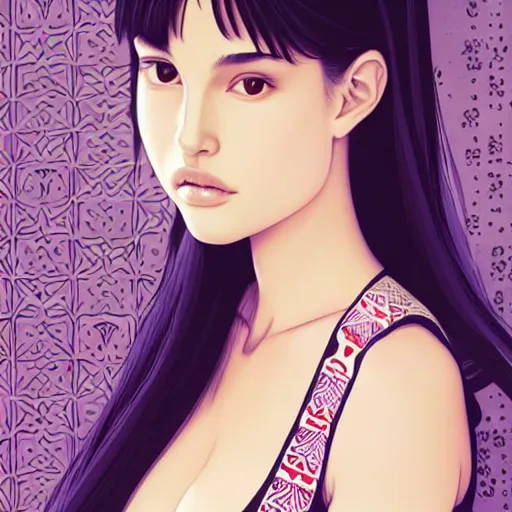 Image similar to a beautiful young japanese natalie portman alluring gravure model, wearing elegant designer tank top, elegant tank top with mesoamerican patterns, by akira toriyama and wlop and ilya kuvshinov and artgerm and, aesthetic, gorgeous, stunning, alluring, attractive, artstation, deviantart, pinterest, digital art