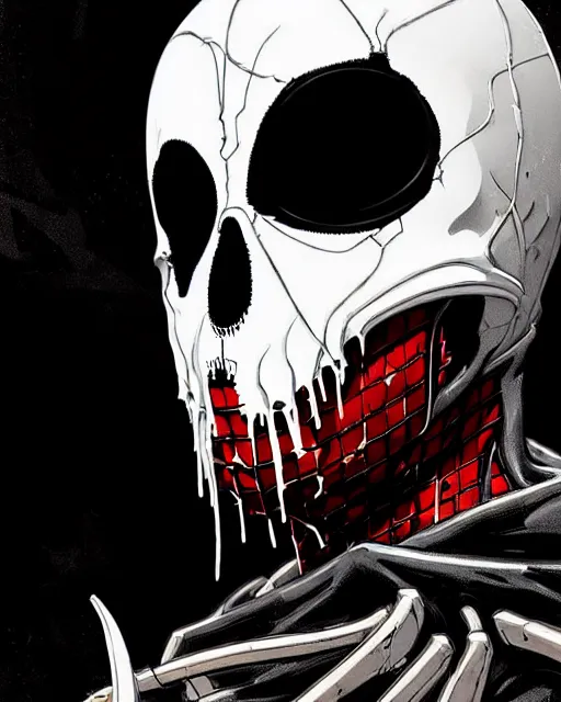 Image similar to highly detailed closeup portrait of a cyborg carnage symbiote in deadpool suit with skeleton skull face, black hoodie by atey ghailan, by greg rutkowski, by greg tocchini, by james gilleard, by joe fenton, by kaethe butcher, gradient, yellow, black, brown and white color scheme, grunge aesthetic!!! black graffiti tag wall background